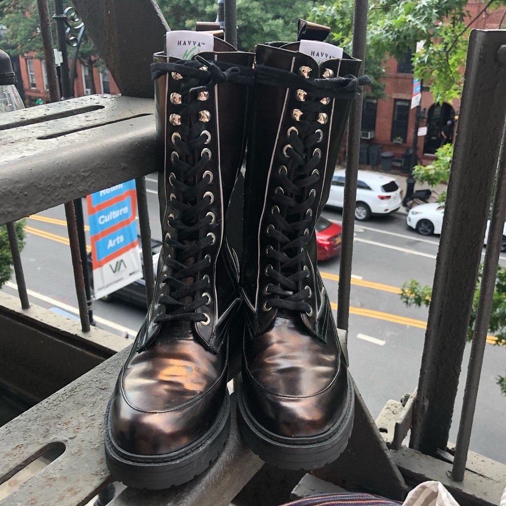 NWOT NWOB Havva Mustafa Metallic Oiled Bronze Black Lace Up Combat Boots - Picture 7 of 16